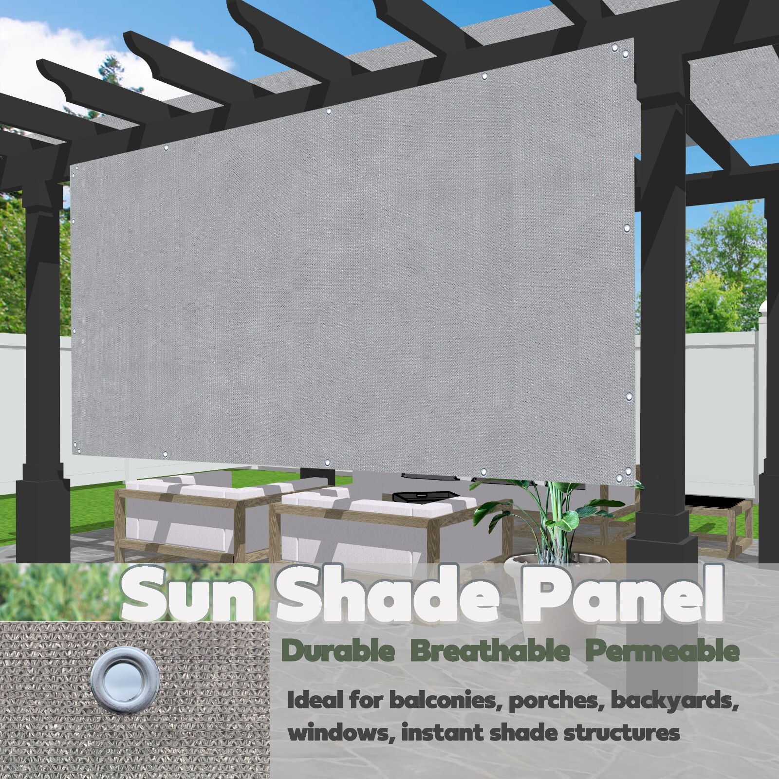 Patio Shade & Privacy Panel Pergola Window - 90% UV Block Mesh w/ Grommets Grey gallery