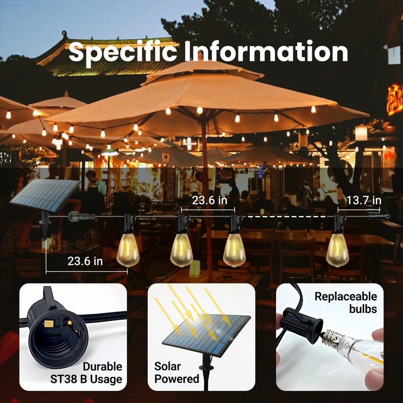 Solar String Lights 100FT, ST38 Shatterproof Bulbs Waterproof for Patio Garden gallery