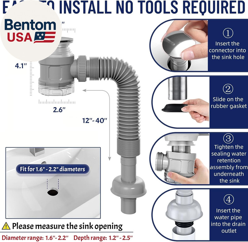 Bathroom Sink Drain Kit with Flexible Expandable Pipe: Odor-Free & Backflow-Prev gallery