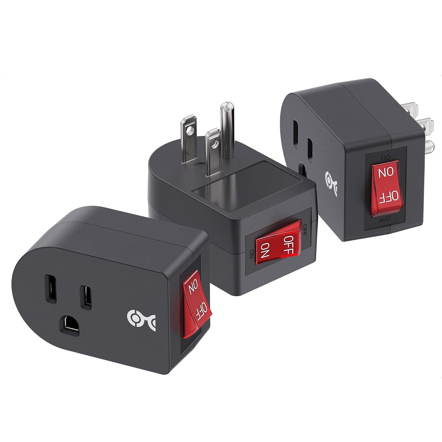 3 Pack Grounded Outlet With ON Off Switch Single Plug In Power Button Black NEW gallery
