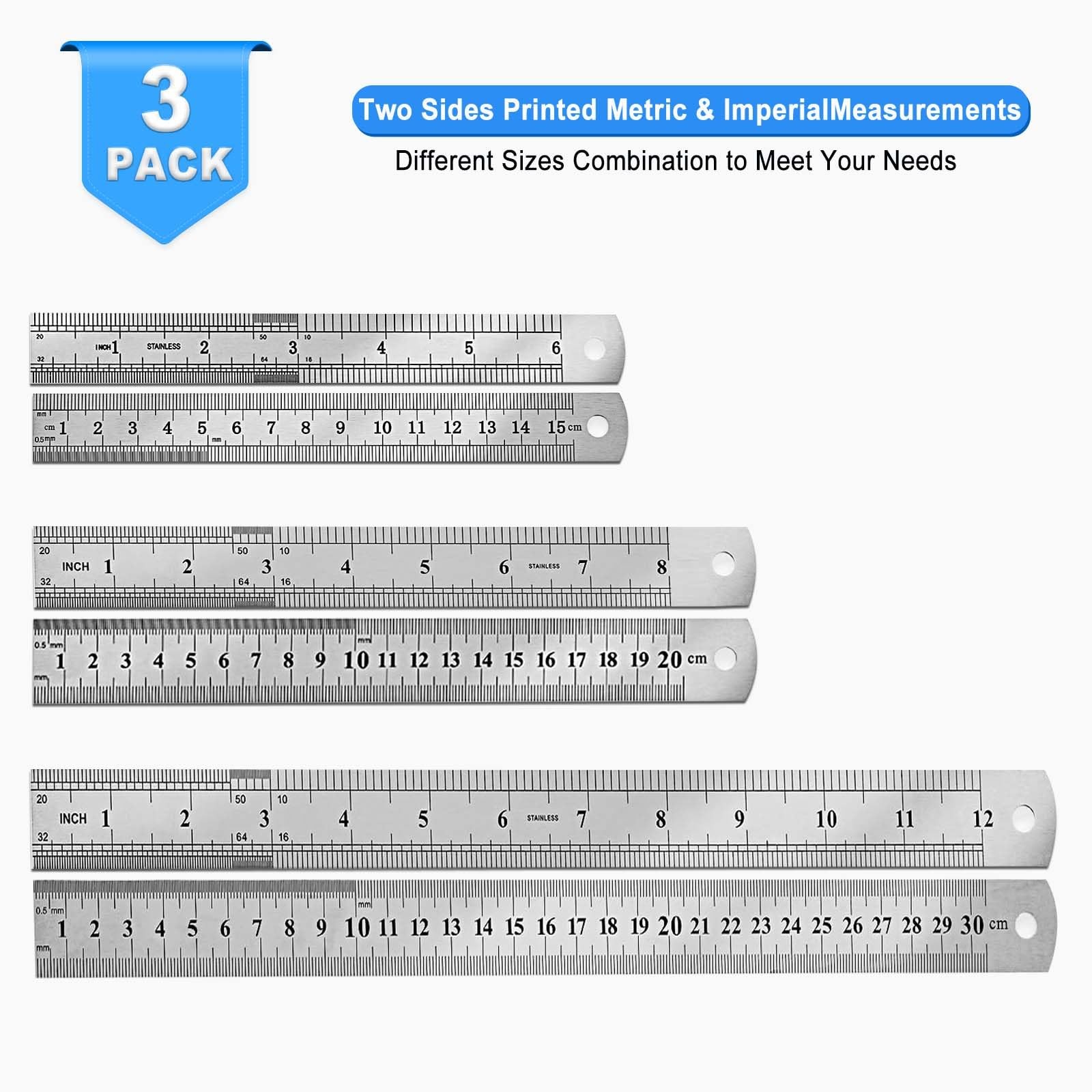 3 Pack Stainless Steel Ruler Set, 6 Inch 8Inch & 12 Inch (15cm 20cm & 30cm) D... gallery