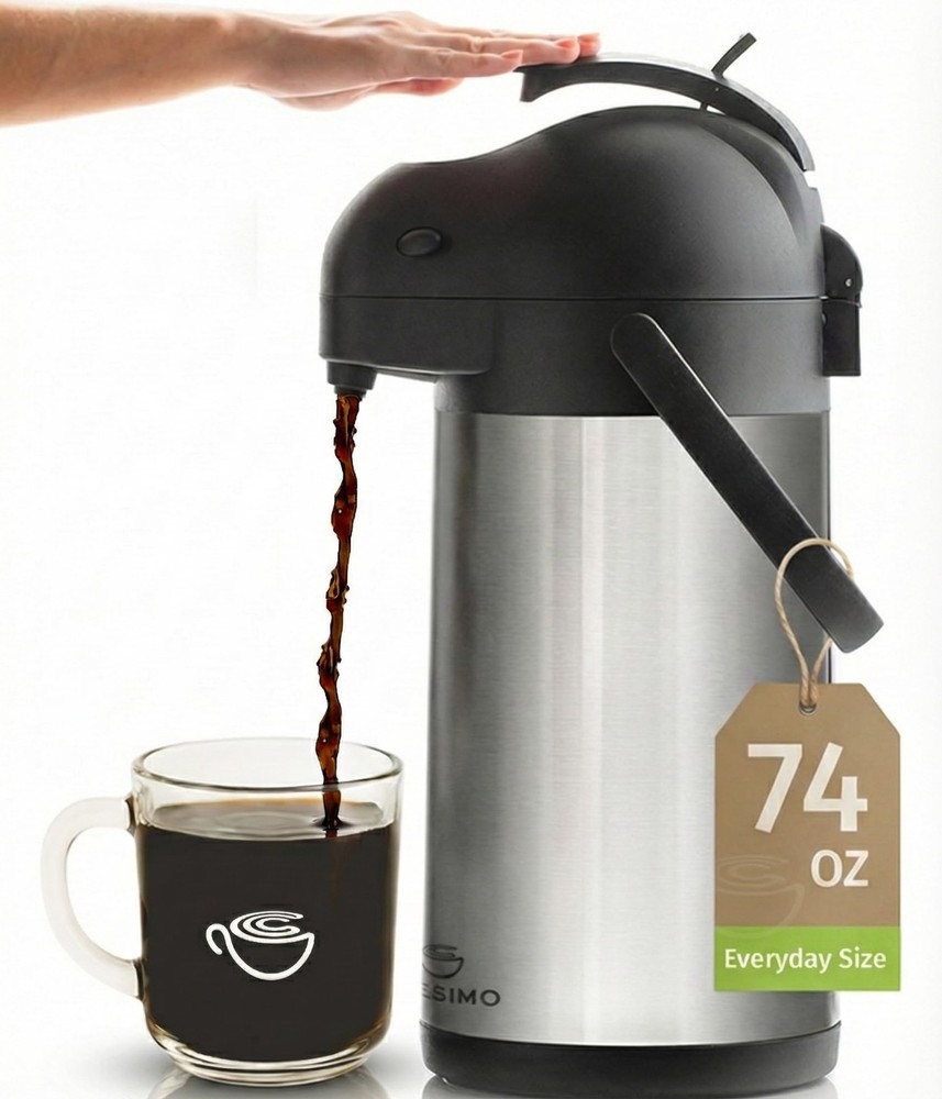 Thermal Coffee Carafe 74Oz, Keeps Drinks Hot for 12Hrs & 74 Ounces, Silver