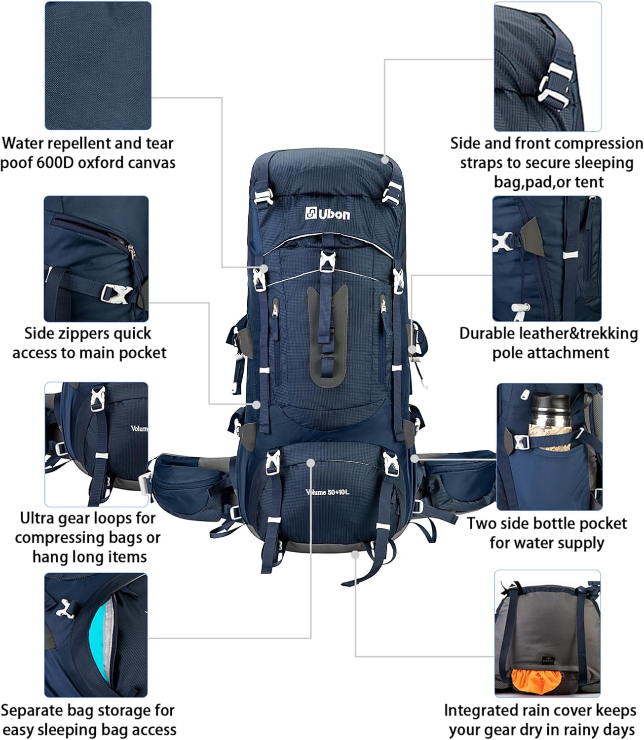 60L Internal Frame Hiking Backpack Waterproof Camping Backpack with Rain Cover 5
