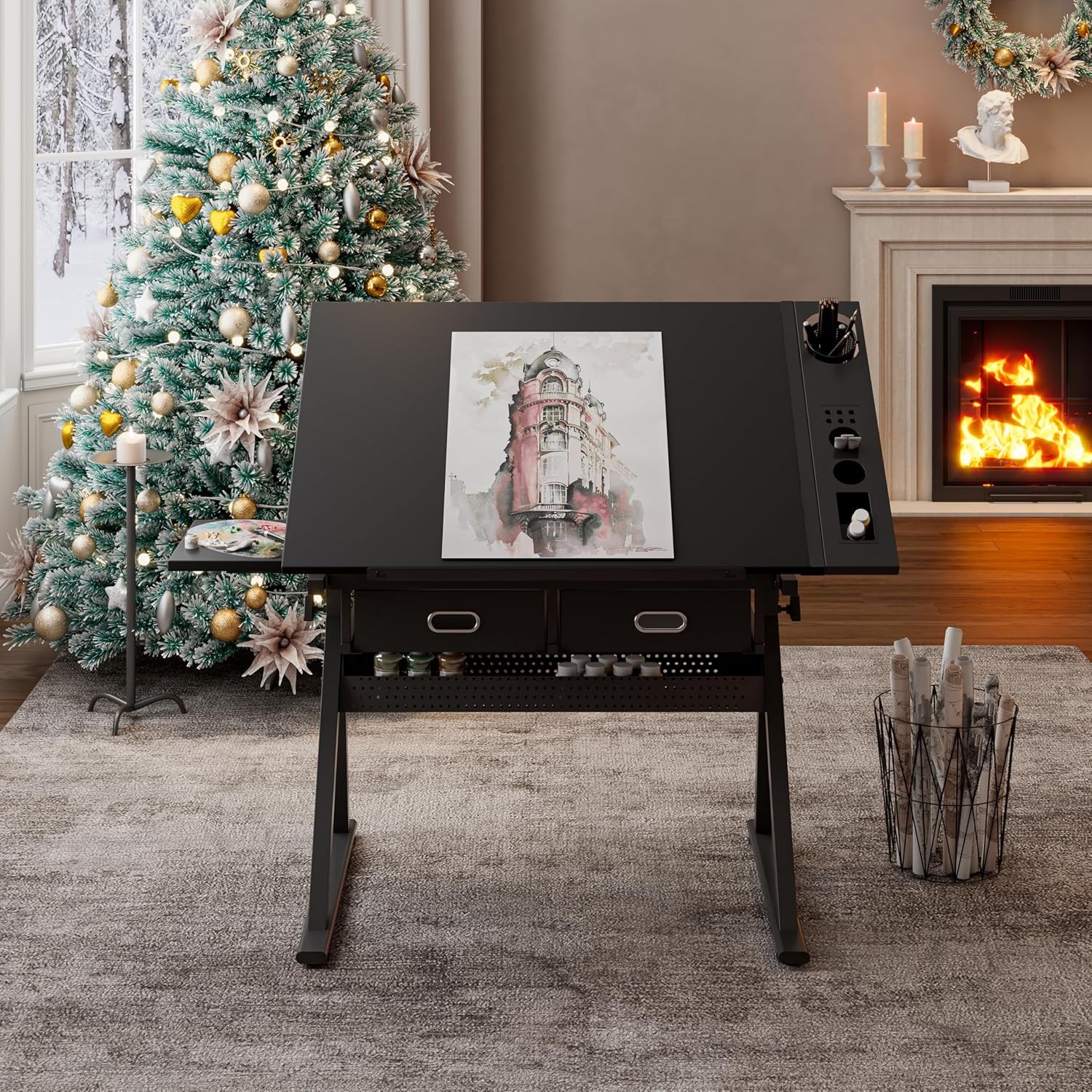 Adjustable Drawing Drafting Table Desk w/2 Drawers and 0-75° Tilting MDF Top gallery
