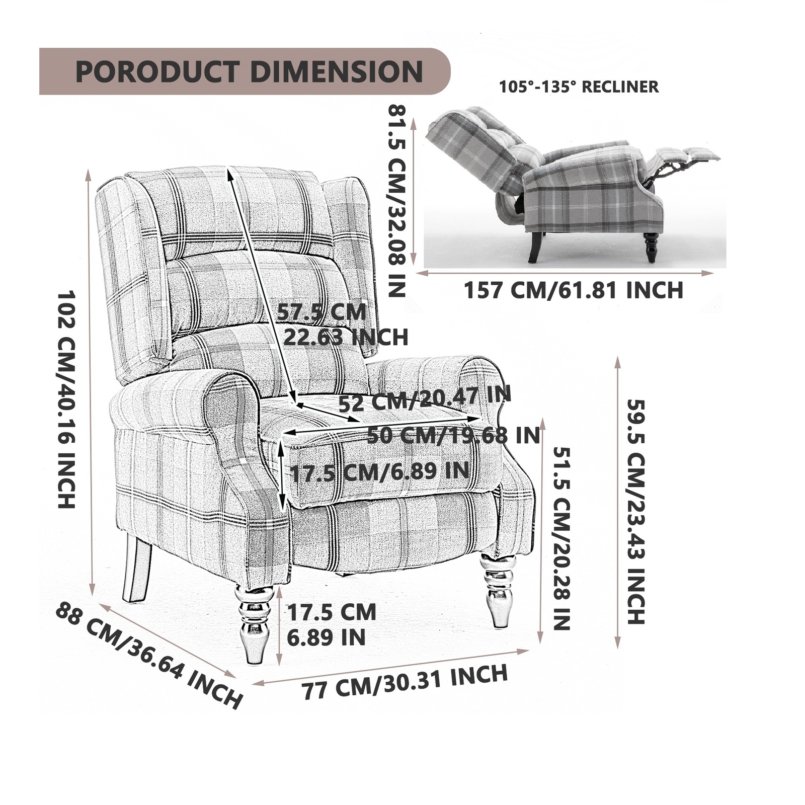 Upholstered Wingback Recliner Chair Plaid Recliner Chair Armchair Reclining Sofa gallery