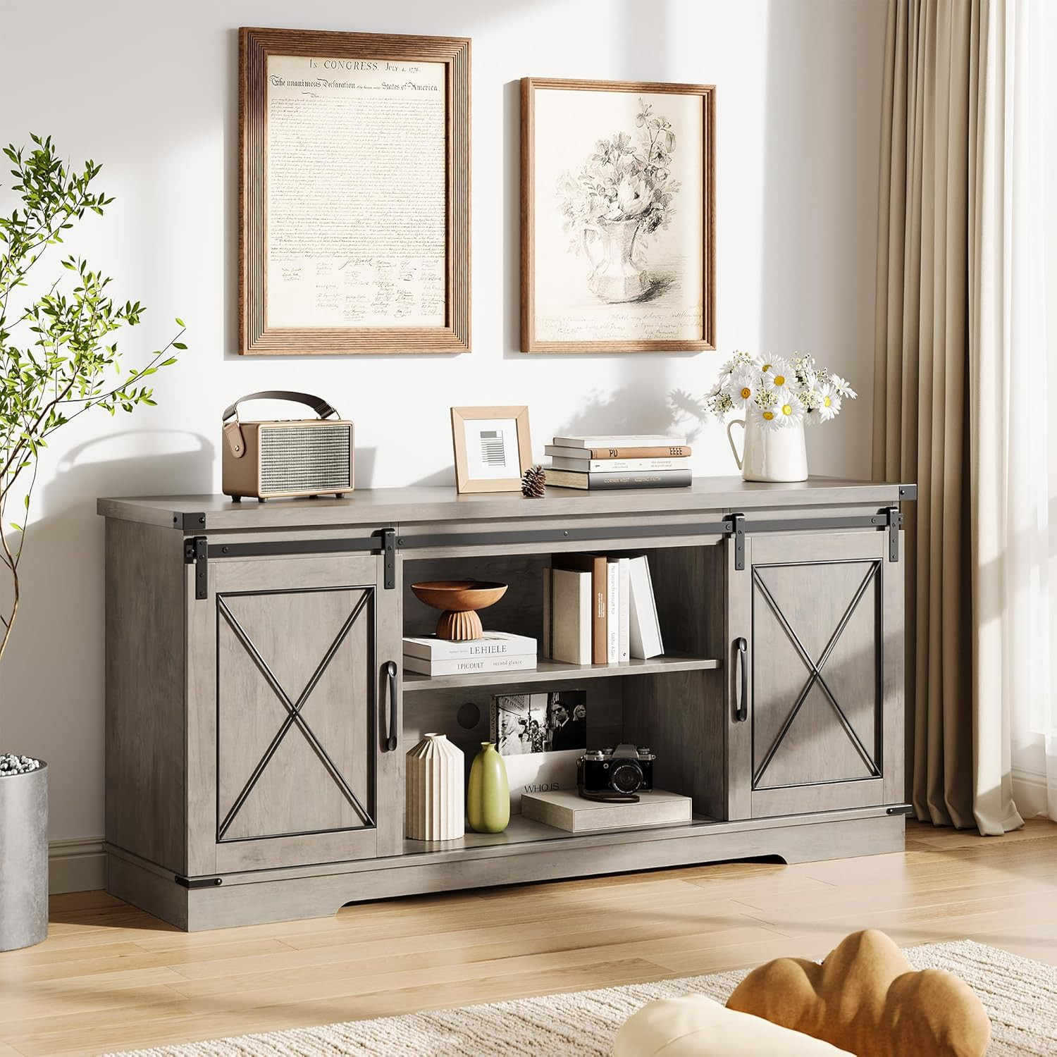 Mid-Century Modern 59" Grey TV Stand for 65" TVs with Storage & Shelves gallery