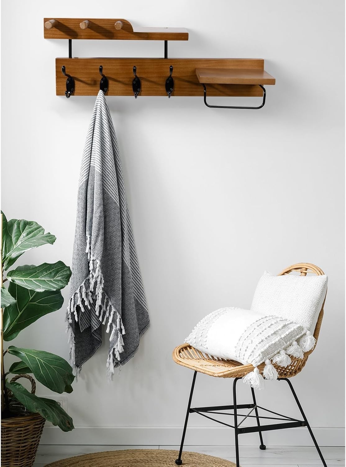 Wooden Wall-Mounted Coat Hanging Rack with Shelf and Hooks, Rustic - Brown Black gallery