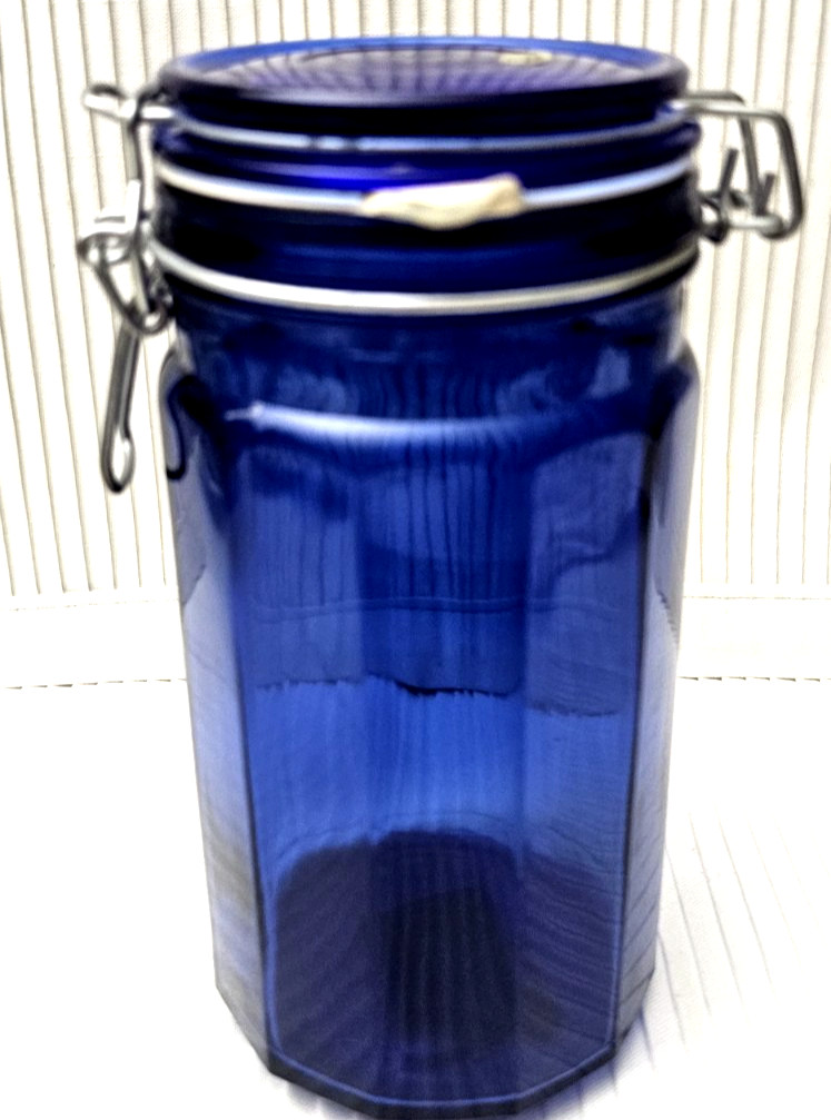 Blue Glass Storage Jar 12 Panel Dodecagon Airtight Wire Clamp Lid 8 Inch Tall GA gallery