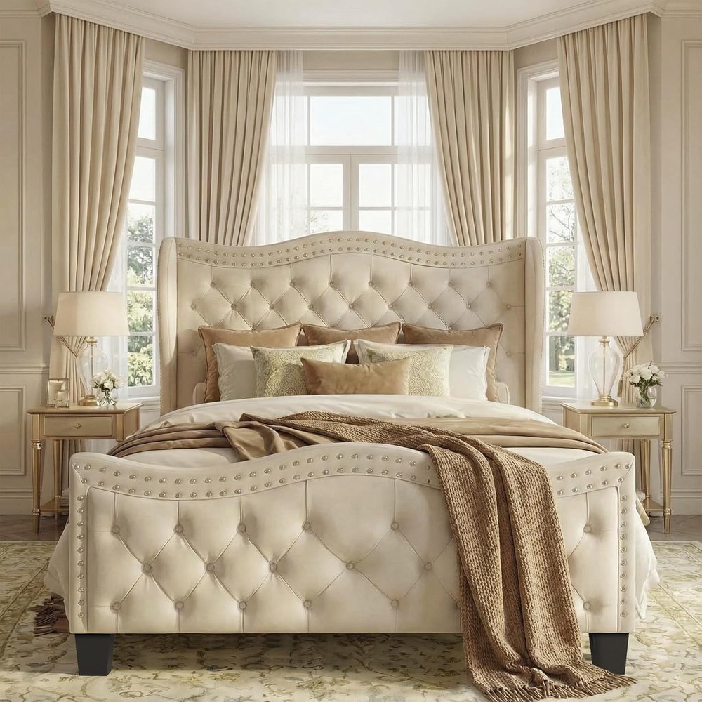 50" Tall Queen Wingback Bed Frame, Cream Ivory Velvet Button Headboard Footboard