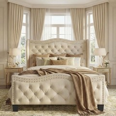 50″ Tall Queen Wingback Bed Frame, Cream Ivory Velvet Button Headboard Footboard