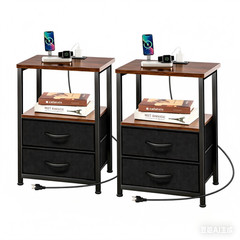 2 PACK Nightstand Bedside Table W/ 2 Drawers Charging Station Bedroom Side Table