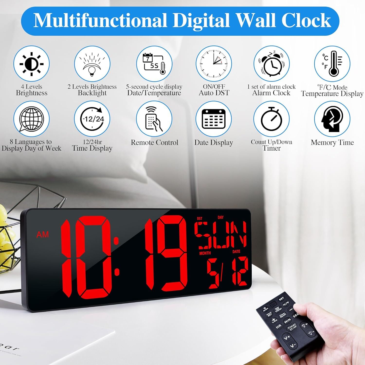 17.2" Large LED Digital Wall Clock w/ Remote Control &Auto-Adjustable Brightness gallery