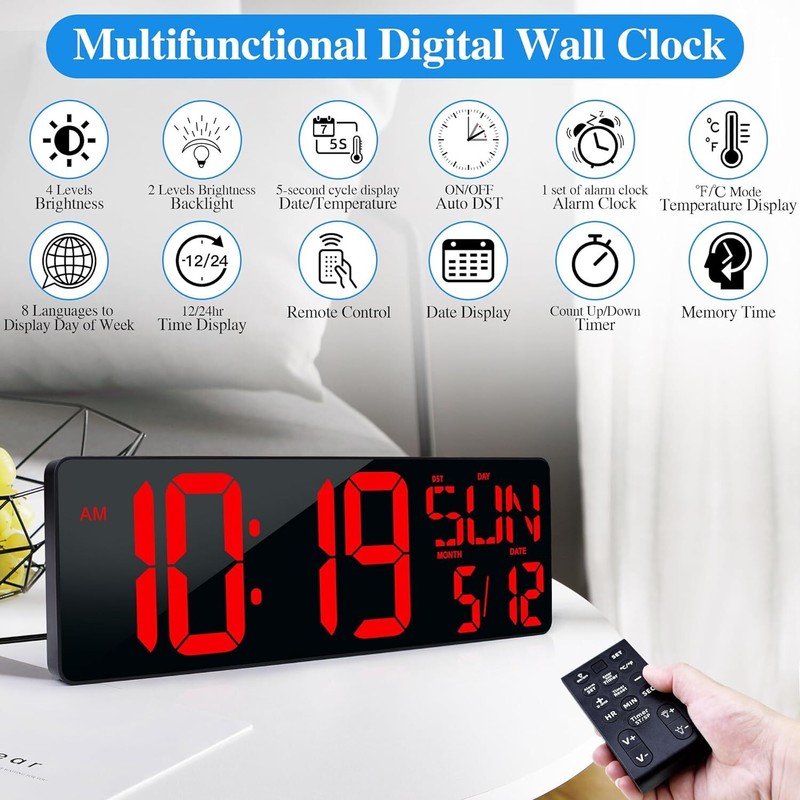 17.2" Large LED Digital Wall Clock w/ Remote Control &Auto-Adjustable Brightness gallery