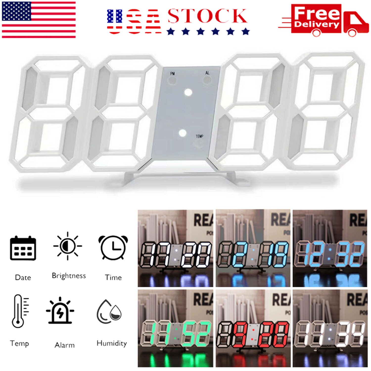 Digital 3D LED Big Wall Desk Alarm Clock Snooze 12/24 Hours Auto Brightness USB gallery