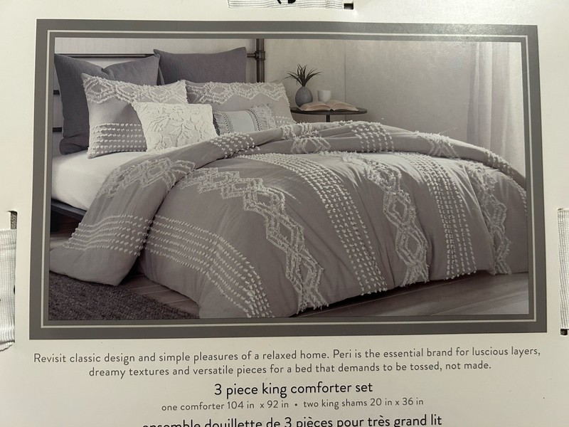 Peri Home King 3 piece Comforter Set NWT Grey With White trim Boho Farmhouse Cot gallery