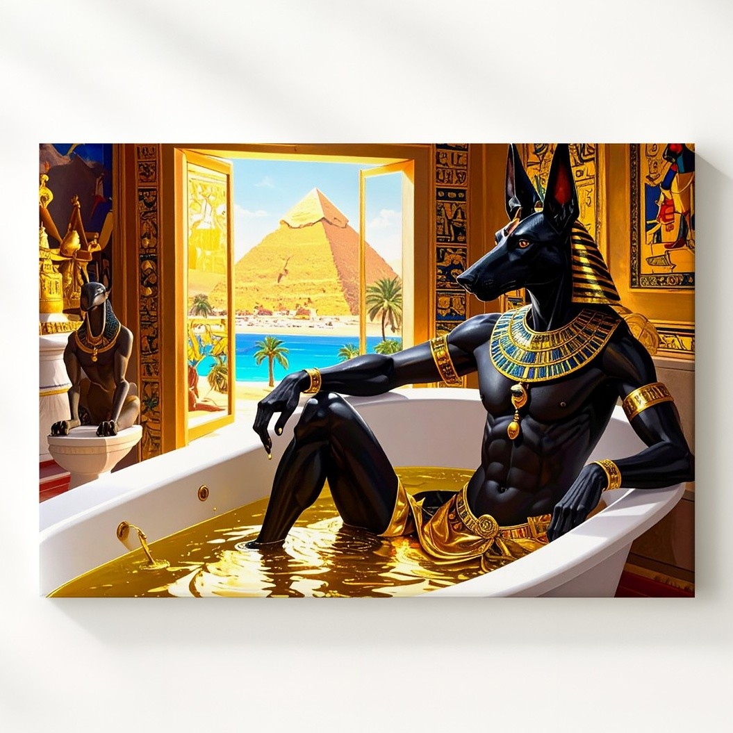 Opulent Anubis Canvasregally Lounging In Golden Tub With Egyptian Luxury Wall gallery