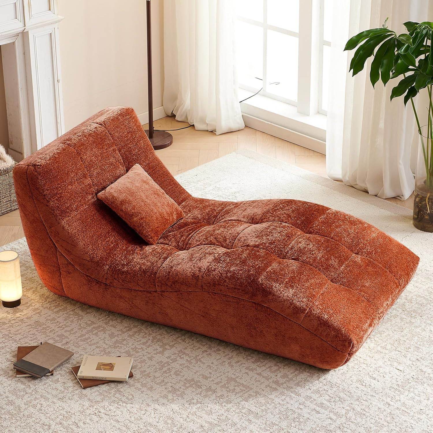 Modern Curved Back Chaise Lounge Chair Upholstered Recliner Sofa - Orange gallery