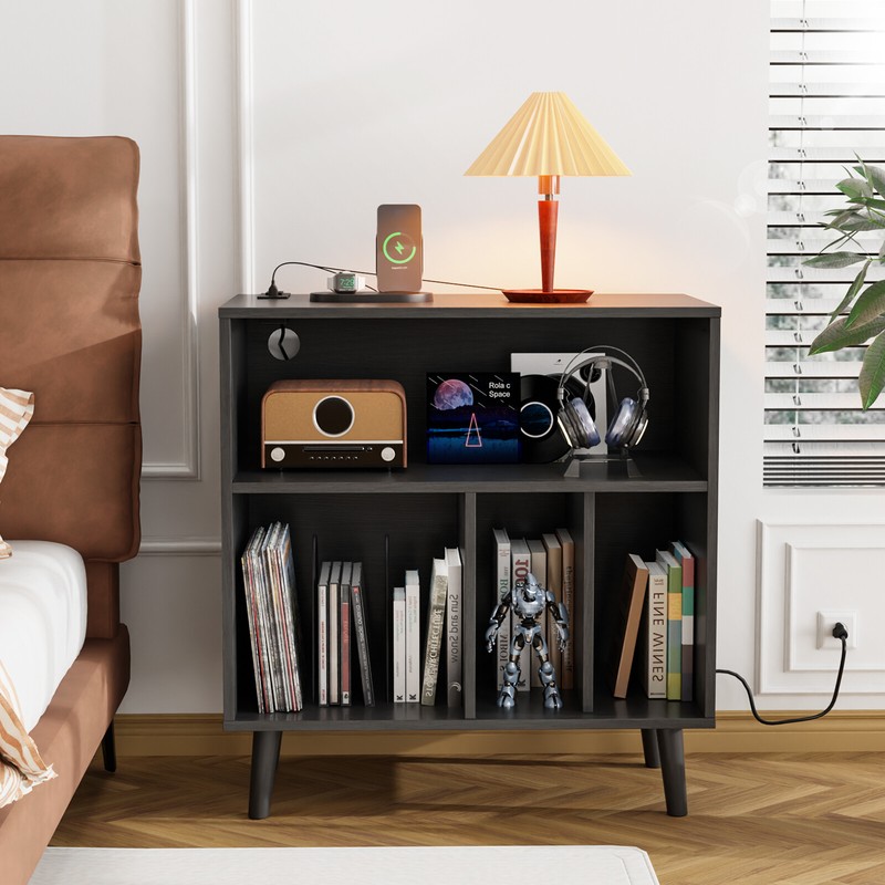 Vinyl Record Player Table with Power Outlet & LED Light for Living Room Bedroom gallery