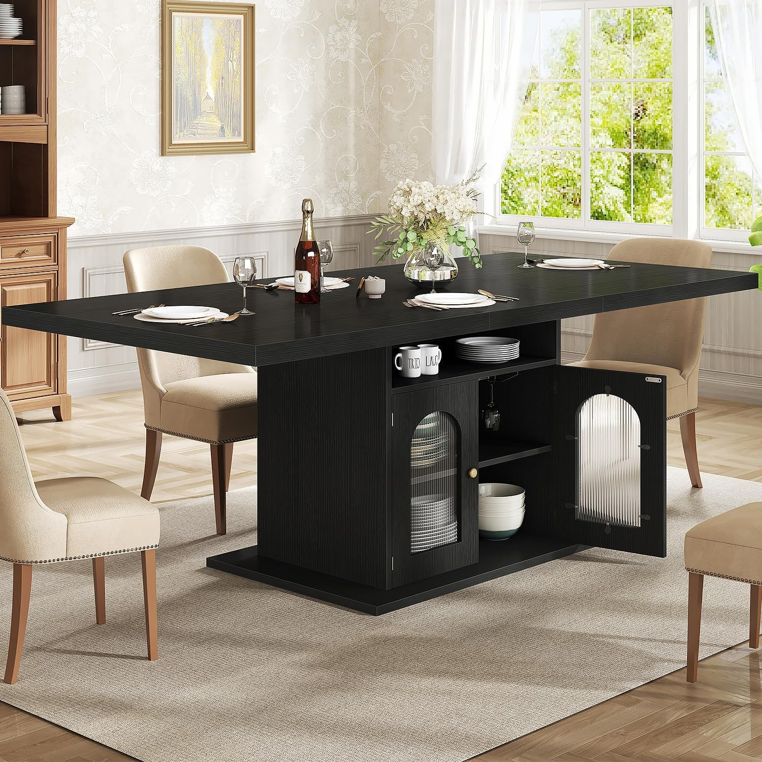 HSH Black Dining Table for 4 to 6, Modern Kitchen Dining Room Table with 3-Tier gallery