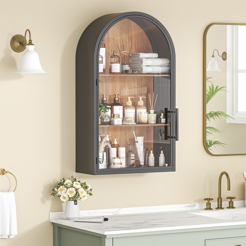 Fully Assembled Arched Wall Cabinet Glass Door Bathroom Hanging Storage Cabinet gallery