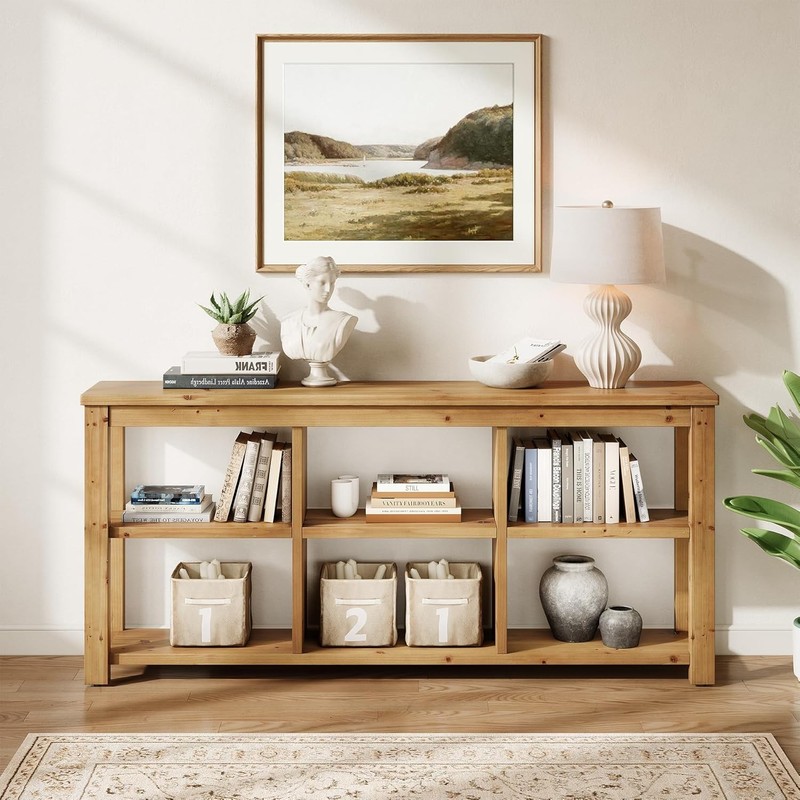 63'' Solid Wood Horizontal Bookcase, Rustic Long Bookshelf with 6 Cubes Storage gallery