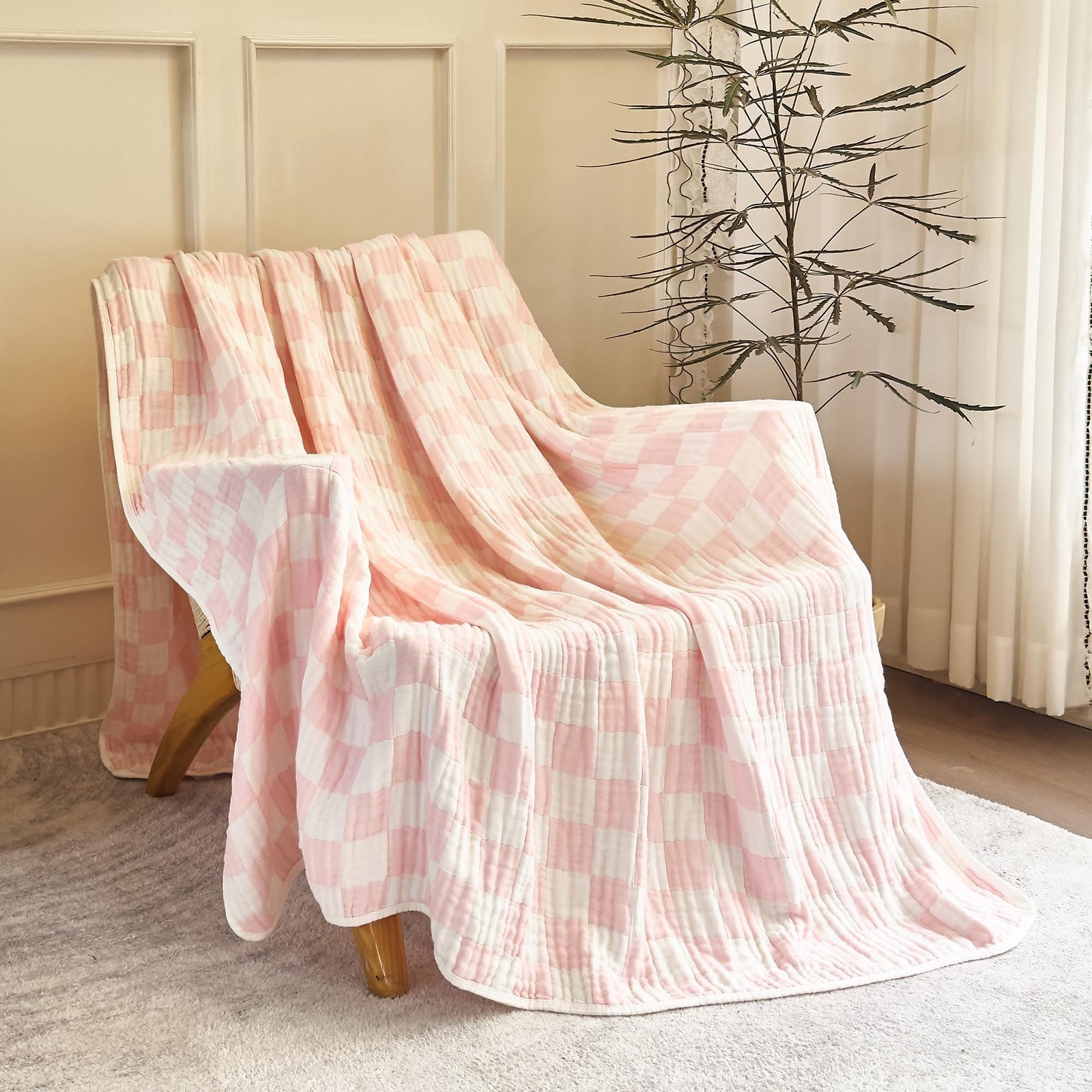100 Cotton Muslin Throw Blanket 6-Layer Pink Checkered Bed Gauze 50x60 gallery