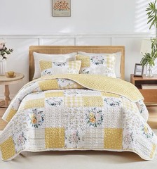 3pc Floral Patchwork Quilt Set Queen – Yellow White Reversible Bedspread & Shams