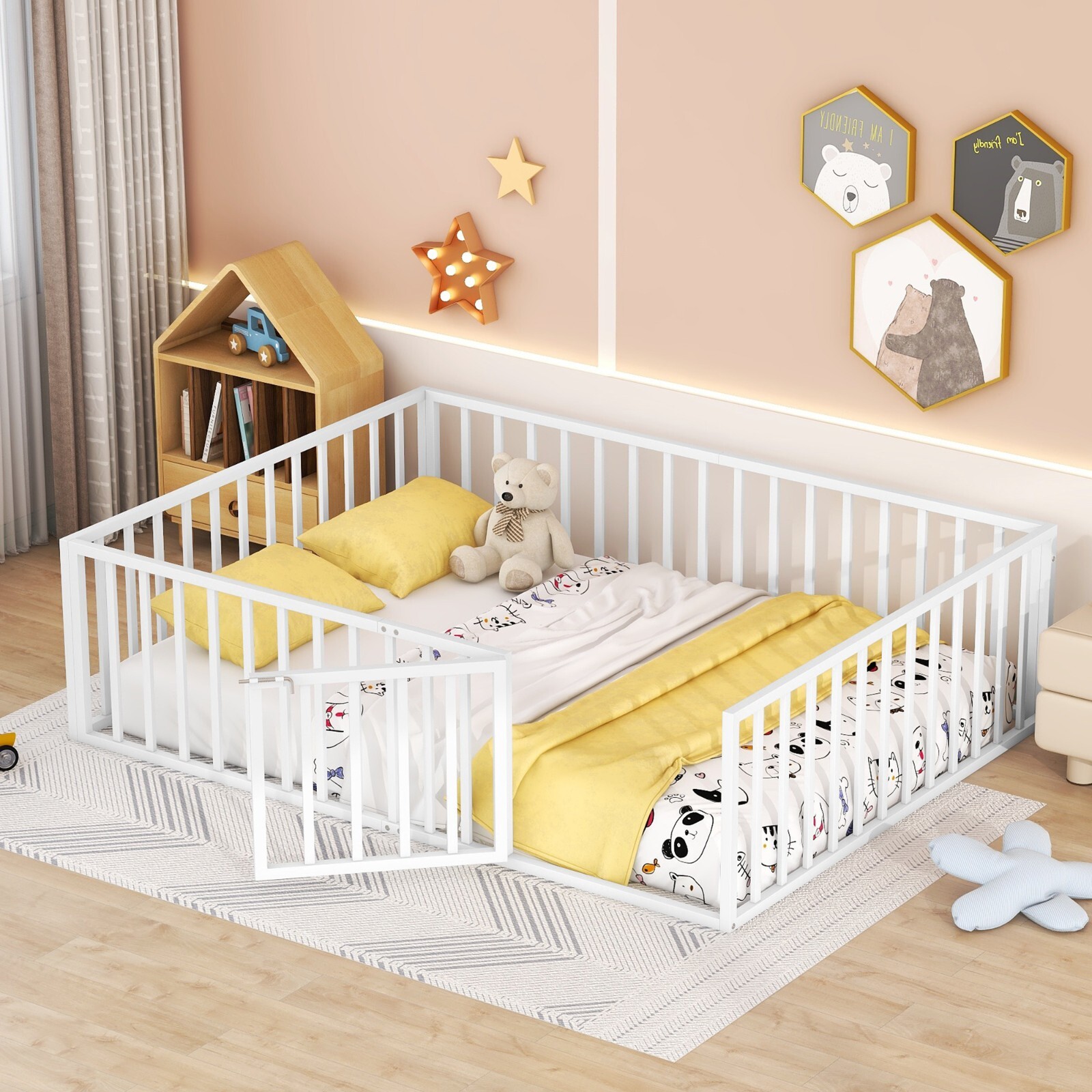 Twin / Full /Queen Size Metal Floor Bed Frame with Fence and Door for Kids Child gallery