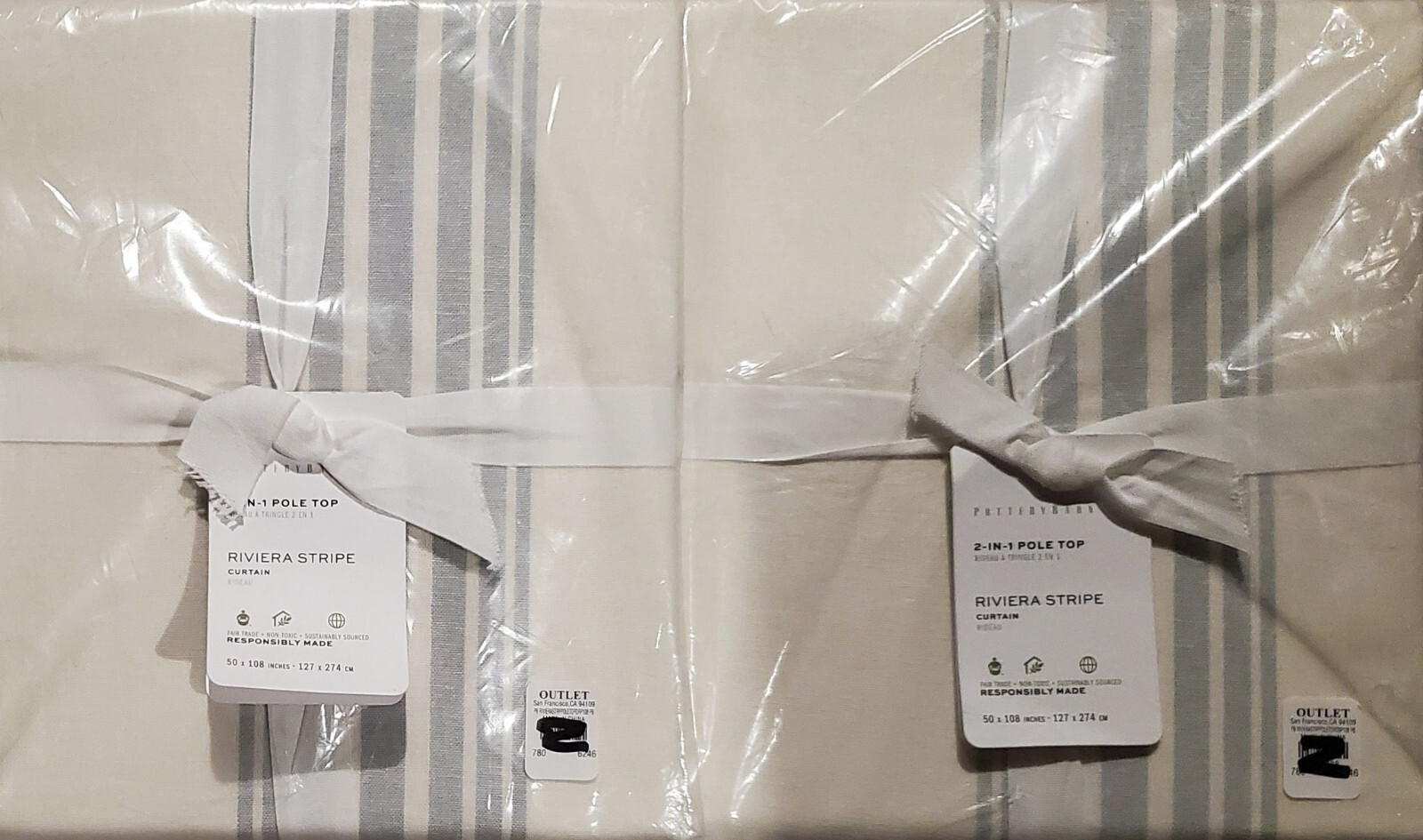 2 Pottery Barn RIVIERA STRIPE 2-IN-1 drapes 50" x 108" ~ PORCELAIN BLUE gallery