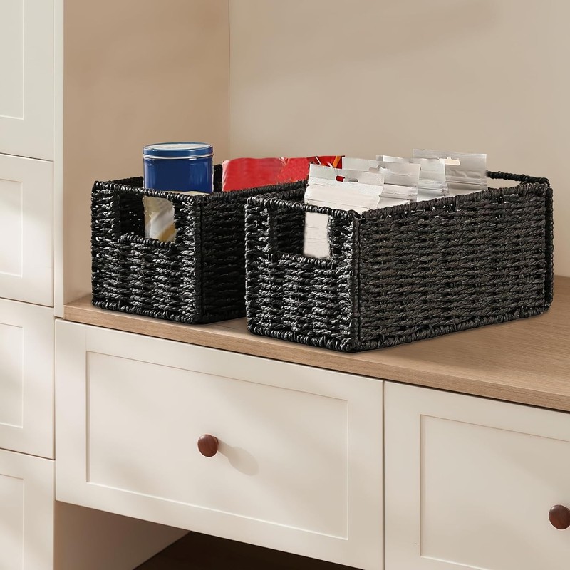 Set of 4 Wicker Storage Baskets Foldable Paper Rope Bins with Handles for Home gallery