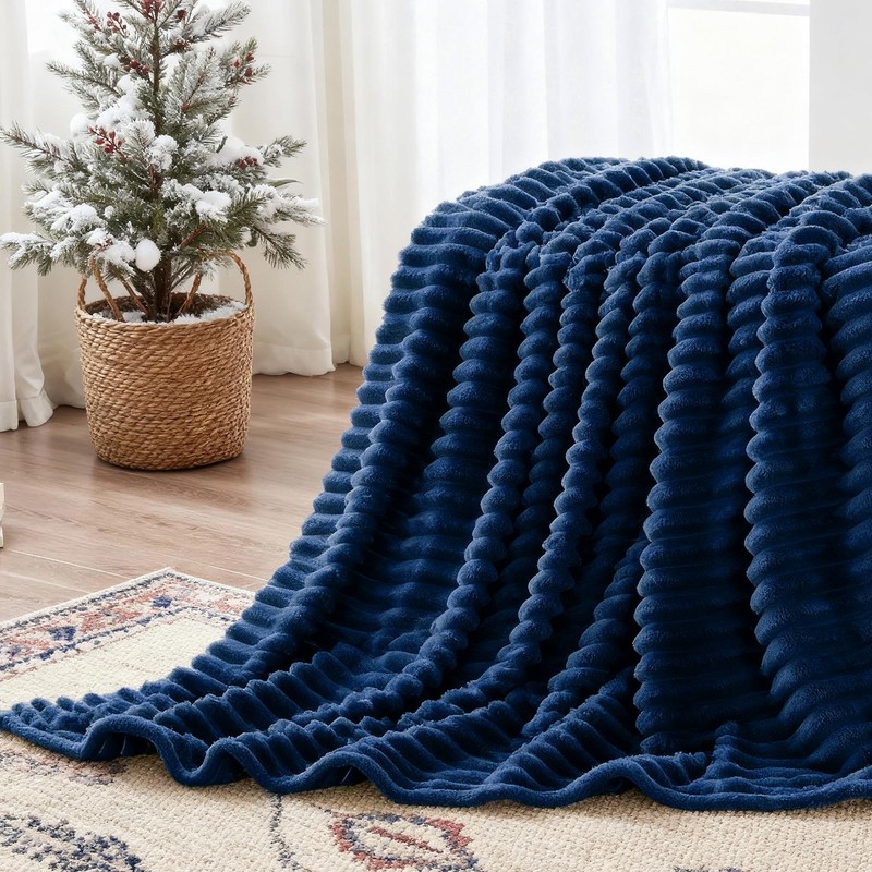 Navy King Size Blanket for Bed Soft Plush Ribbed Striped Fleece 108x90 Inch gallery