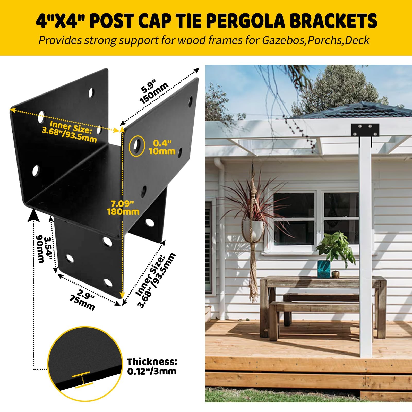T-Shaped Pergola Brackets Kit 3-Way Fits 4x4 4x6 Actual 3.5x3.5/3.5x5.5 2Pk gallery