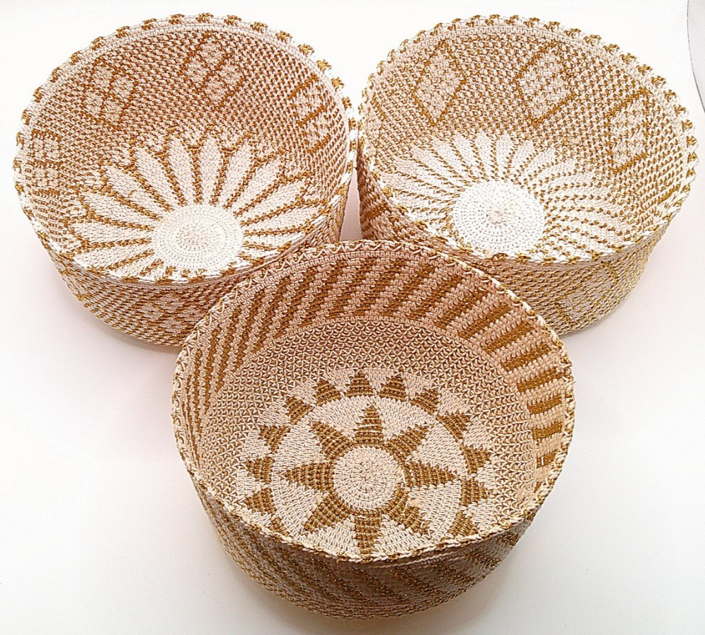 Handwoven Gold and Cream Thread Open Baskets Floral and Geometric Set of 3 gallery