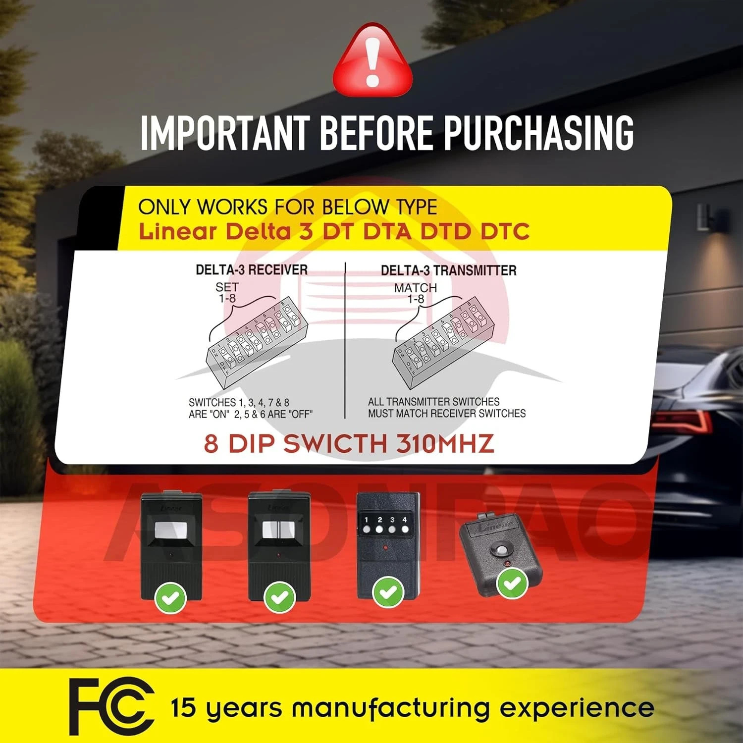 1 Linear DTC Delta 3 Garage Door gate Remote 8 Dip Switch 310 MHZ DT DTA Black gallery