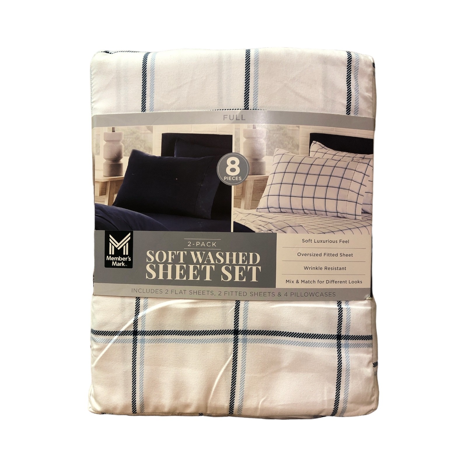 Member's Mark 8-Piece Soft Washed Sheet 2 Pack (Navy, White/Blue Plaid, Full) gallery