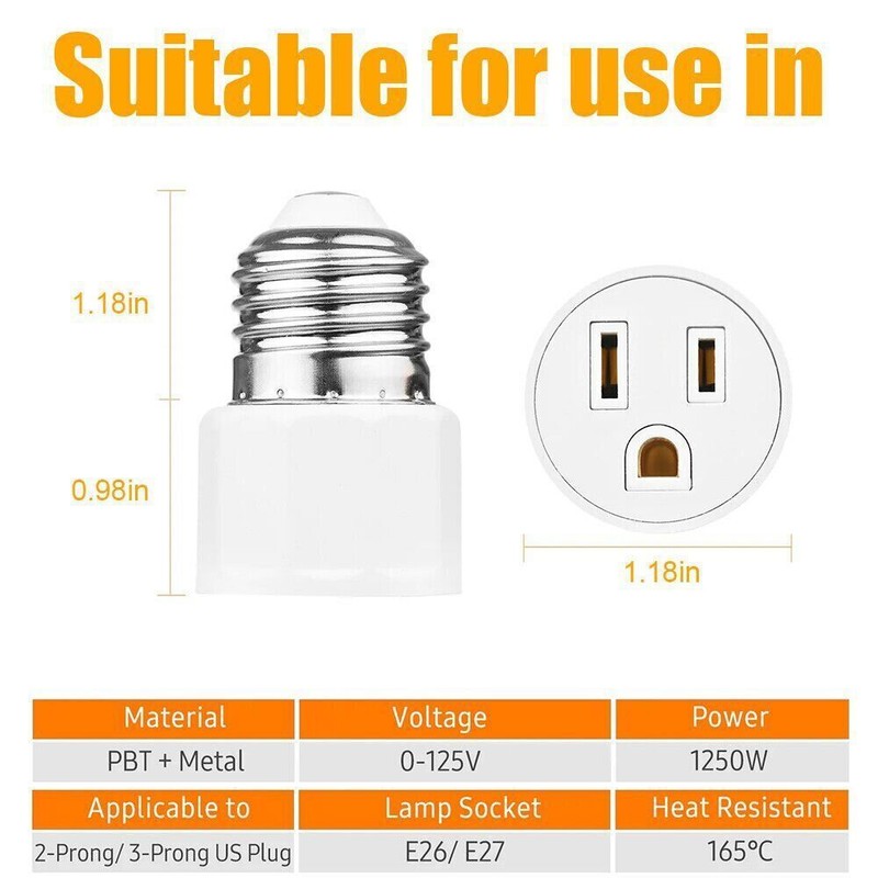 1-8Pcs E26/E27 Light Socket to Plug Adapter 2/3 Prong Light Bulb Outlet Adapter gallery