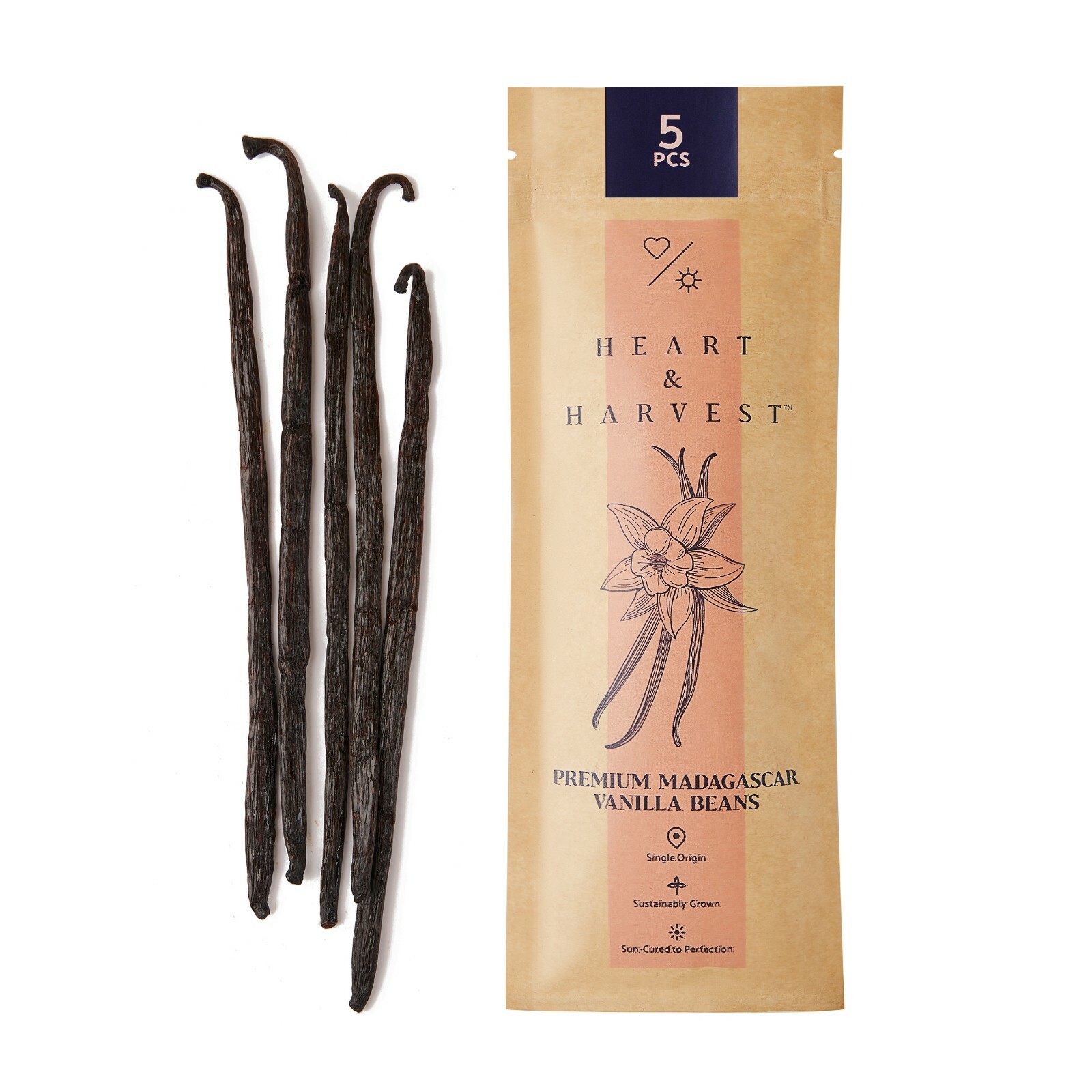 Heart & Harvest Madagascar Vanilla Beans Grade A 4" to 5" 5 Pieces gallery