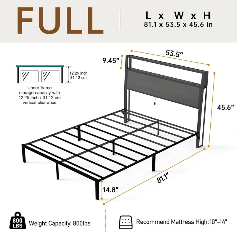 Queen Full Size Bed Frame with Storage Headboard &Charging Station＆ LED Lights gallery