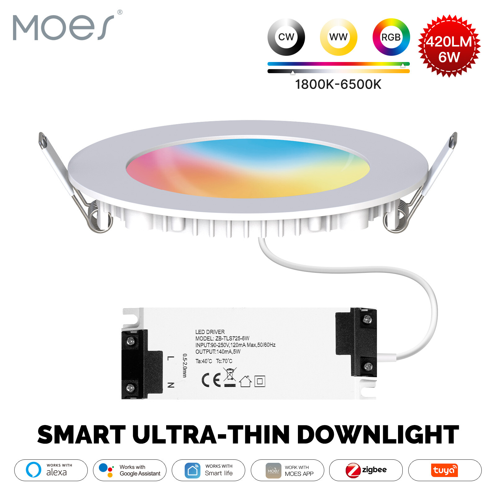 MOES ZigBee Smart LED Downlight Dimmable Ultrathin Spot Lamp Bulb 4.7" 6W RGB CW gallery