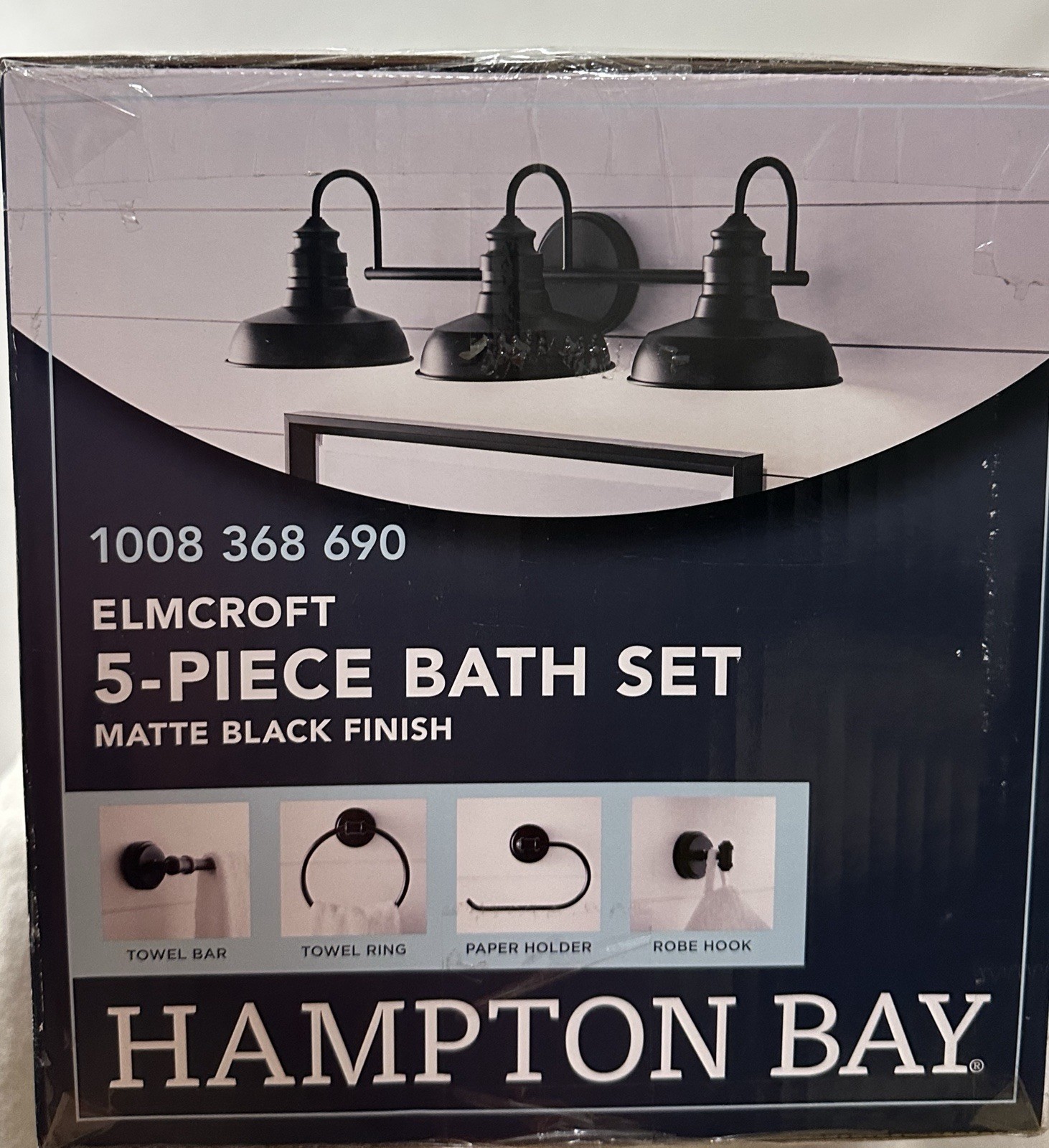 Hampton Bay Elmcroft 29 in. 3-Light Matte Black Farmhouse Vanity Light 5-Pc Bath gallery