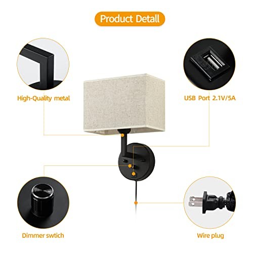 Plug in Wall Sconce with Dimmer Switch and USB Port，9.5“Rectangular Linen Black gallery
