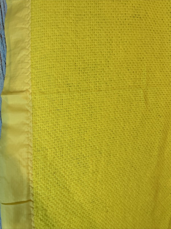 VINTAGE Waffle Weave Blanket Flower Embroidered Satin Trim Yellow 78x82” gallery