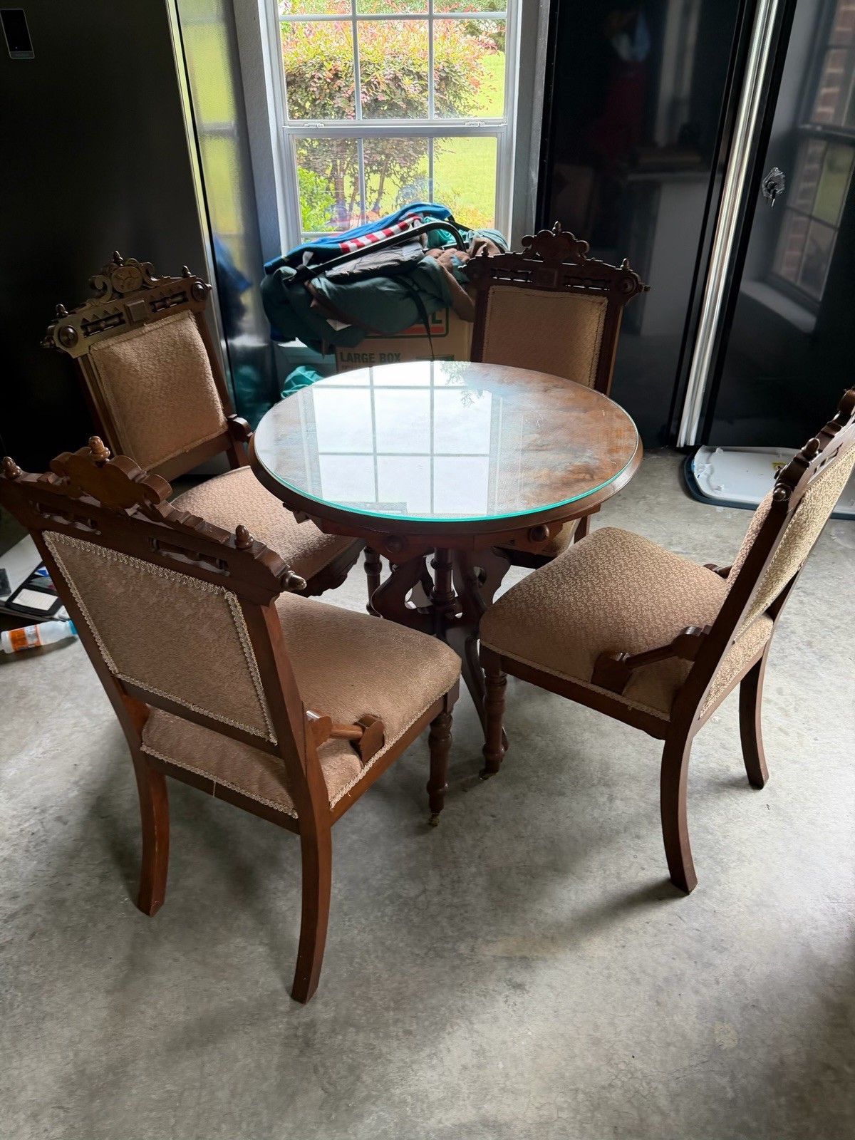 Antique Round Glass-Top Dining Table Set, 4 Chippendale Style Upholstered Chairs gallery