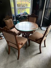 Antique Round Glass-Top Dining Table Set, 4 Chippendale Style Upholstered Chairs