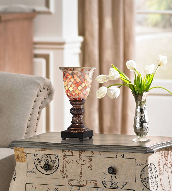 Traditional Uplight Accent Table Lamp 12" High Bronze Mosaic Ivory Glass Bedroom gallery
