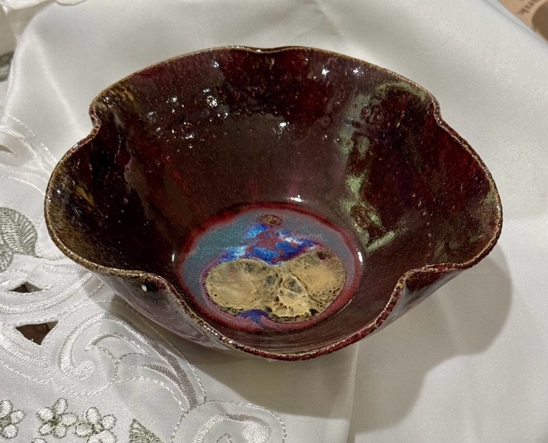 Artisan Handmade Ceramic Decorative Scalloped Bowl w/ Oxblood & Reactive Glaze gallery