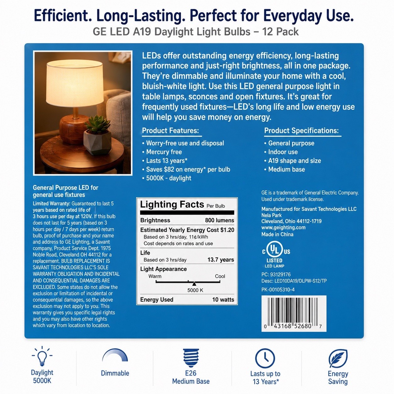 GE 60 Watt Replacement Daylight LED, Dimmable, 800 Lumens, A19 - 12 Pack gallery