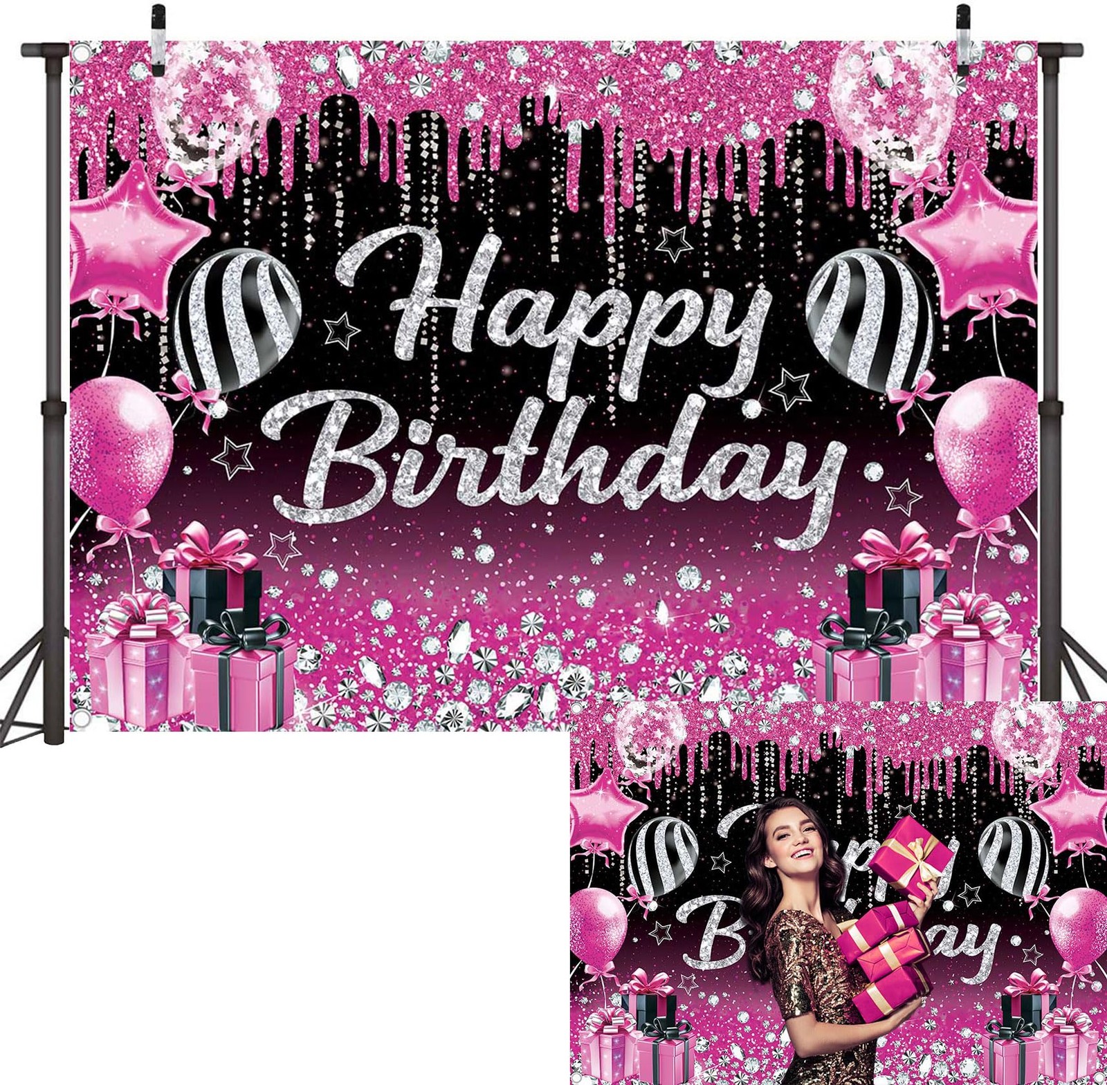 Pink Black Happy Birthday Backdrop for Women Pink and Black Glitter Happy Birthd gallery