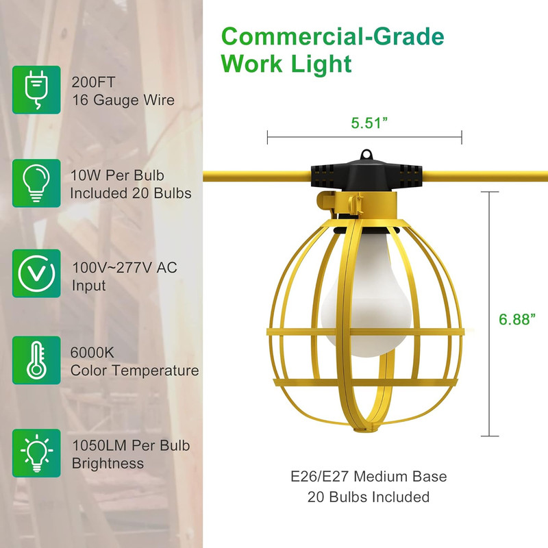 200FT Construction String Lights - 20 Bulbs, 21000LM Temporary Job Site Lighting gallery