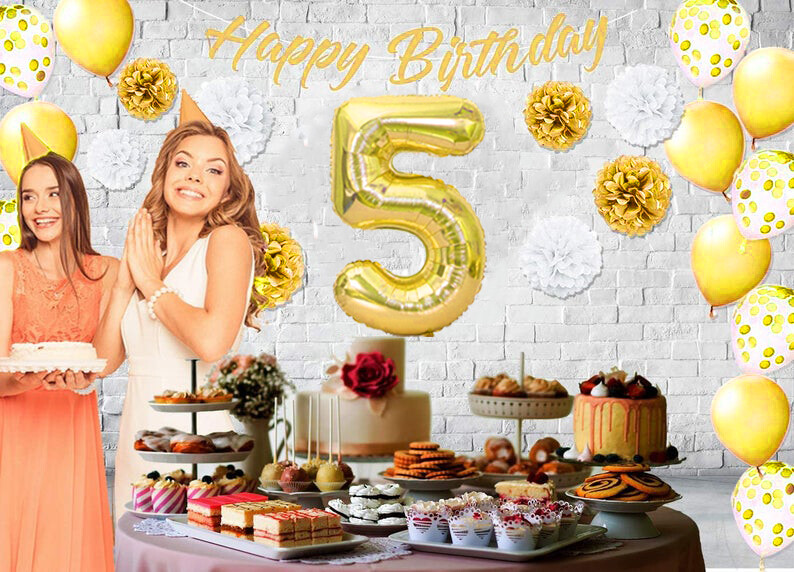 Gold & White 5th Birthday Decorations - 40" Number Balloons & More - Boy or Girl gallery